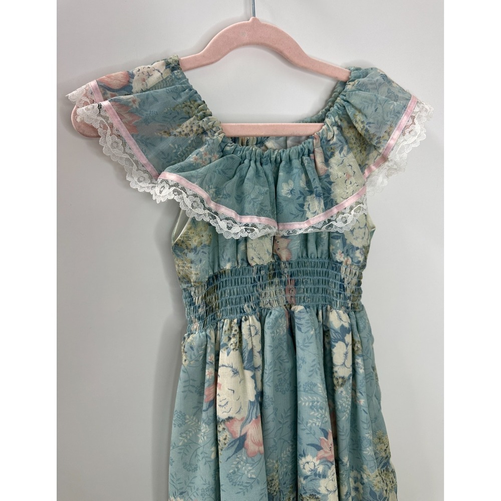 Vintage Cinderella Floral Maxi Dress Lace Smocked 6X Cottagecore Prairie USA - Picture 3 of 16